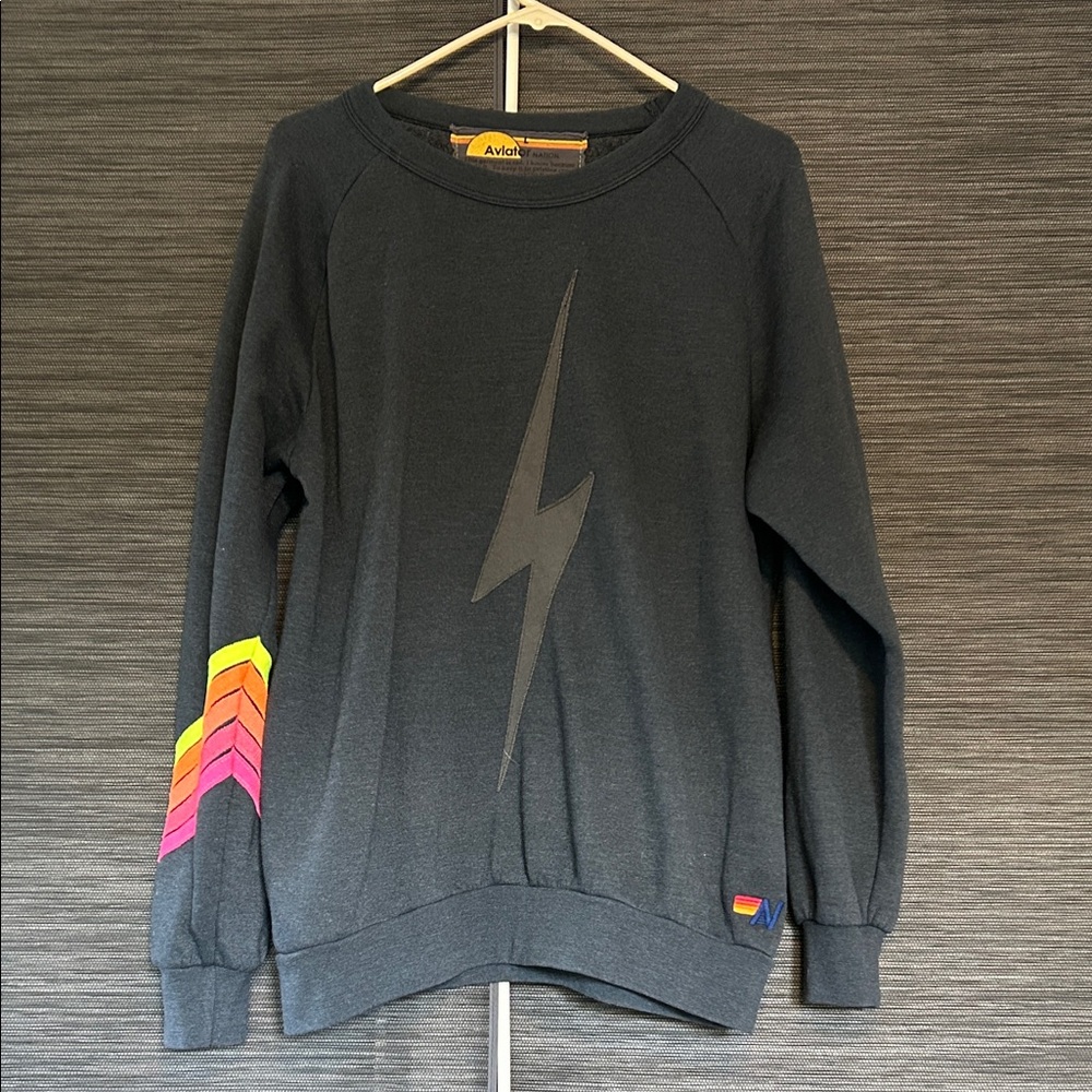 Aviator Nation Charcoal Sweatshirt with Lightning and Rainbow Accents